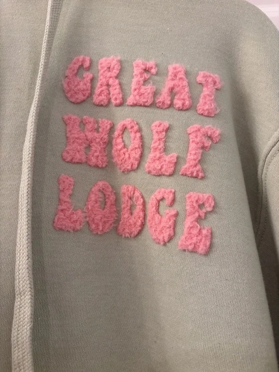 Kids Sage Green Hoodie with Pink 'Great Wolf Lodge' Patch - Picture 2 of 4